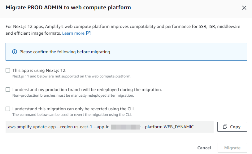 Popup when migrating an AWS Amplify app from Web Dynamic to Web Compute